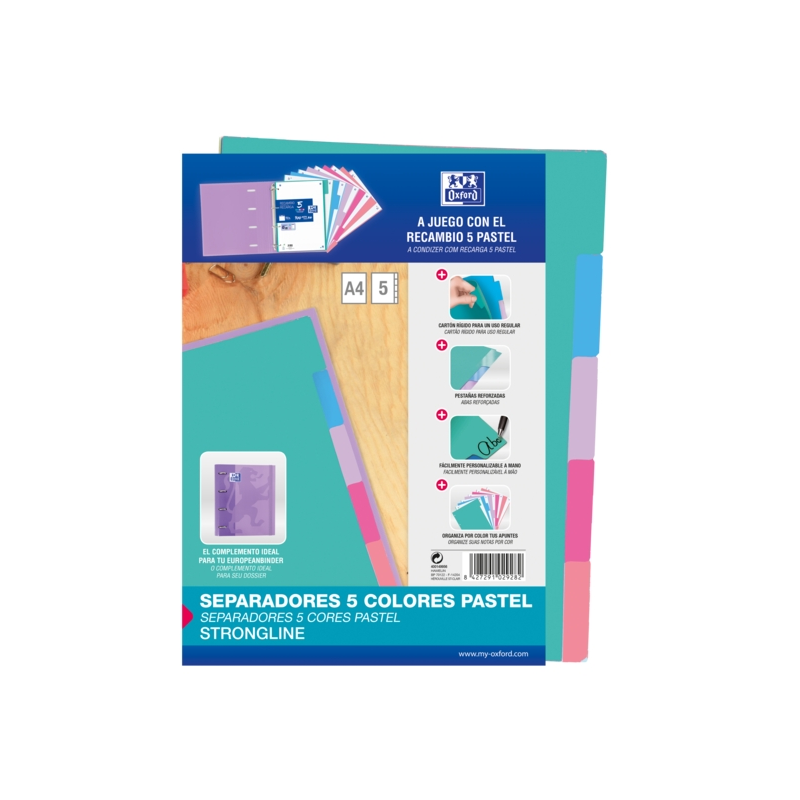 LOT de 25 Intercalaires Oxford Strongline A4 5 positions - 4 trous - Carton 200gr - Couleurs Assorties