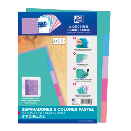 LOT de 25 Intercalaires Oxford Strongline A4 5 positions - 4 trous - Carton 200gr - Couleurs Assorties