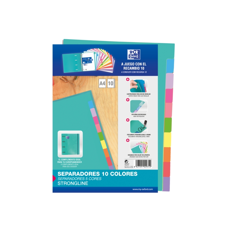 LOT de 25 Intercalaires Oxford Strongline A4 - 10 positions de couleurs différentes - 4 trous - Carton 200gr