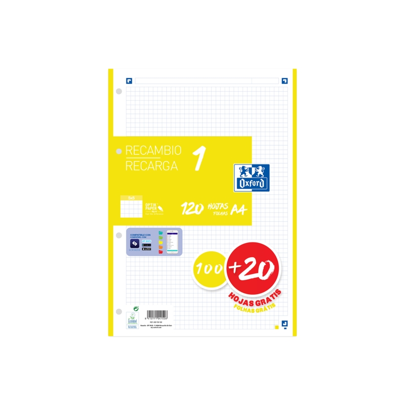 LOT de 13 Recharge Oxford School A4 - 5x5 - 100+20 Feuilles - Jaune