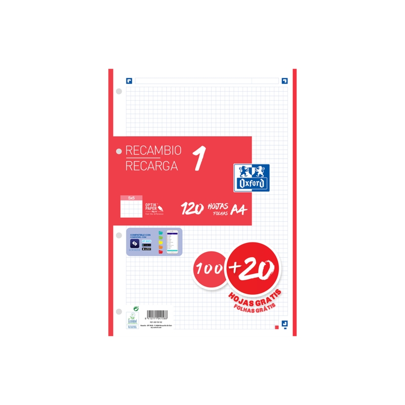 LOT de 13 Recharge Oxford School A4 - 5x5 - 100+20 Feuilles - Rouge