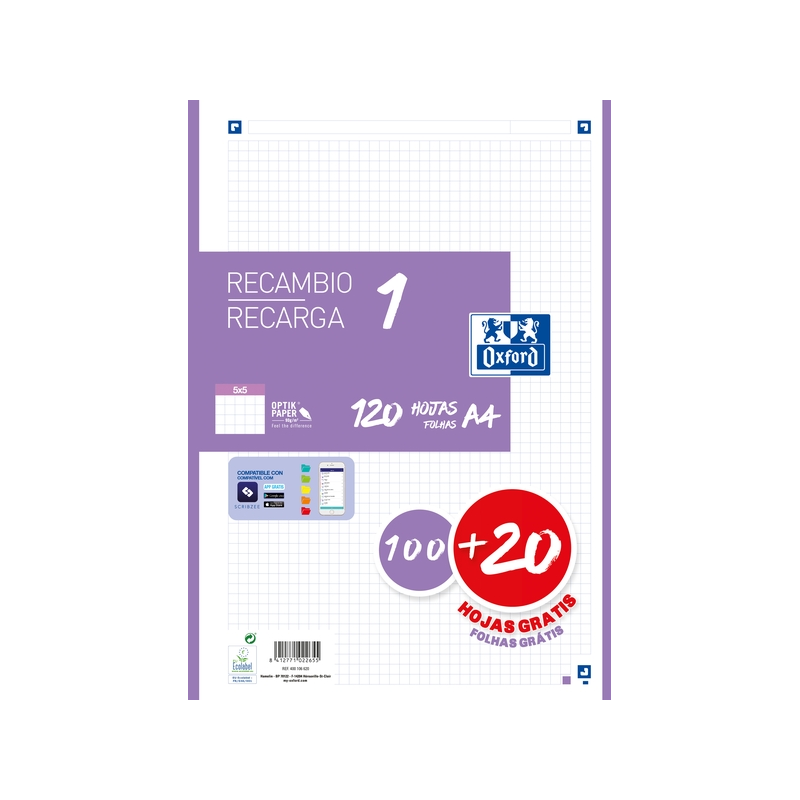 LOT de 13 Recharge Oxford School A4 - 5x5 - Promotion 100+20 Feuilles - Couleur Lilas