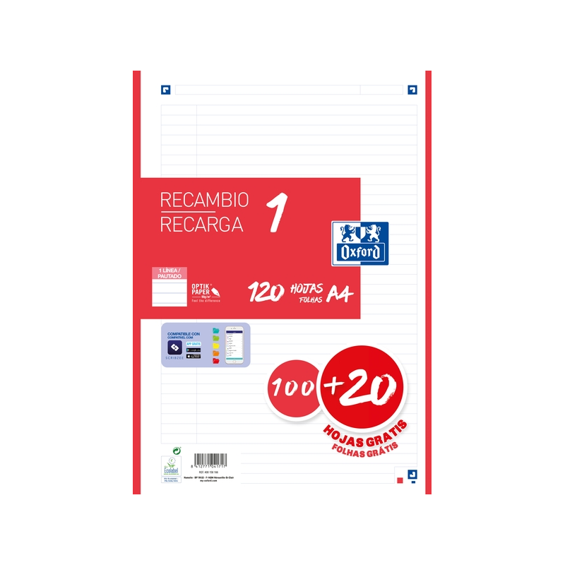 LOT de 13 Recharge Oxford School A4 - 1 Ligne - 100+20 Feuilles - Rouge