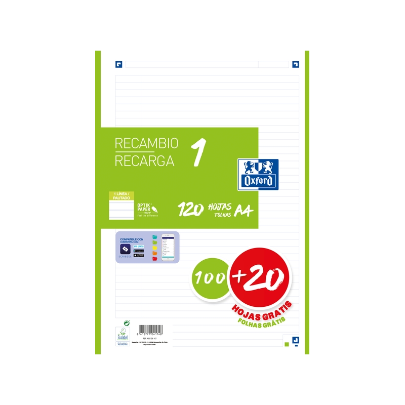 LOT de 13 Recharge Oxford School A4 - 1 Ligne - 100+20 Feuilles - Couleur Vert