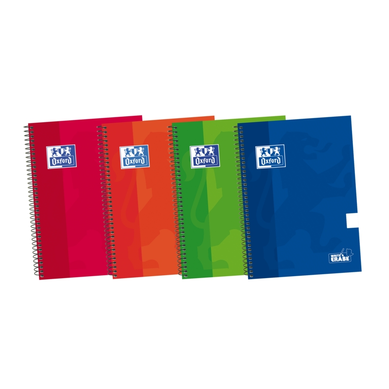 LOT de 5 Oxford School Classic Write&Erase 4ème carnet à spirale – Couverture extra rigide – Uni – 80 feuilles – Couleurs assort