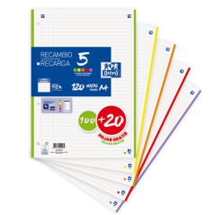 LOT de 20 Oxford School Pack de 5 Recharges A4 - 1 Ligne Promotionnelle - 100+20 Feuilles - Couleurs Assorties