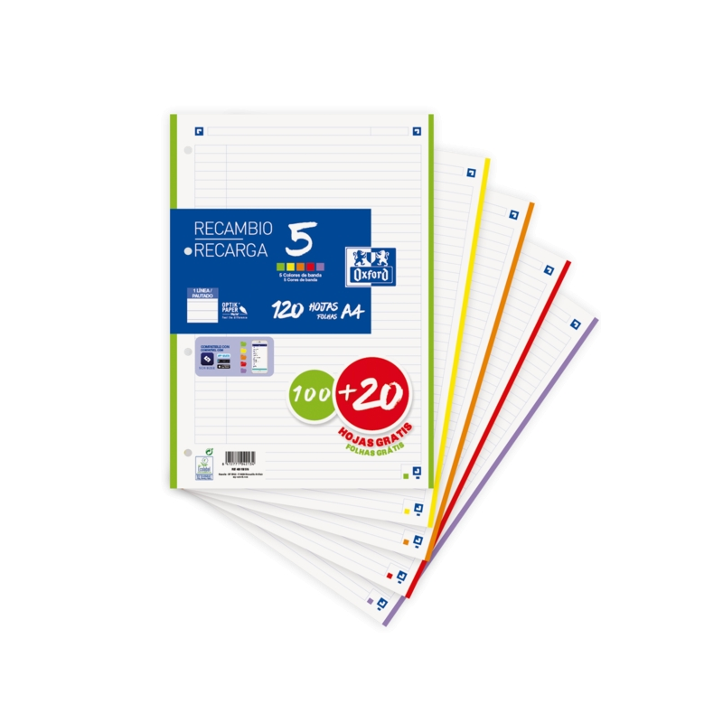 LOT de 20 Oxford School Pack de 5 Recharges A4 - 1 Ligne Promotionnelle - 100+20 Feuilles - Couleurs Assorties