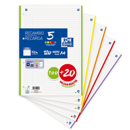 LOT de 20 Oxford School Pack de 5 Recharges A4 - 1 Ligne Promotionnelle - 100+20 Feuilles - Couleurs Assorties