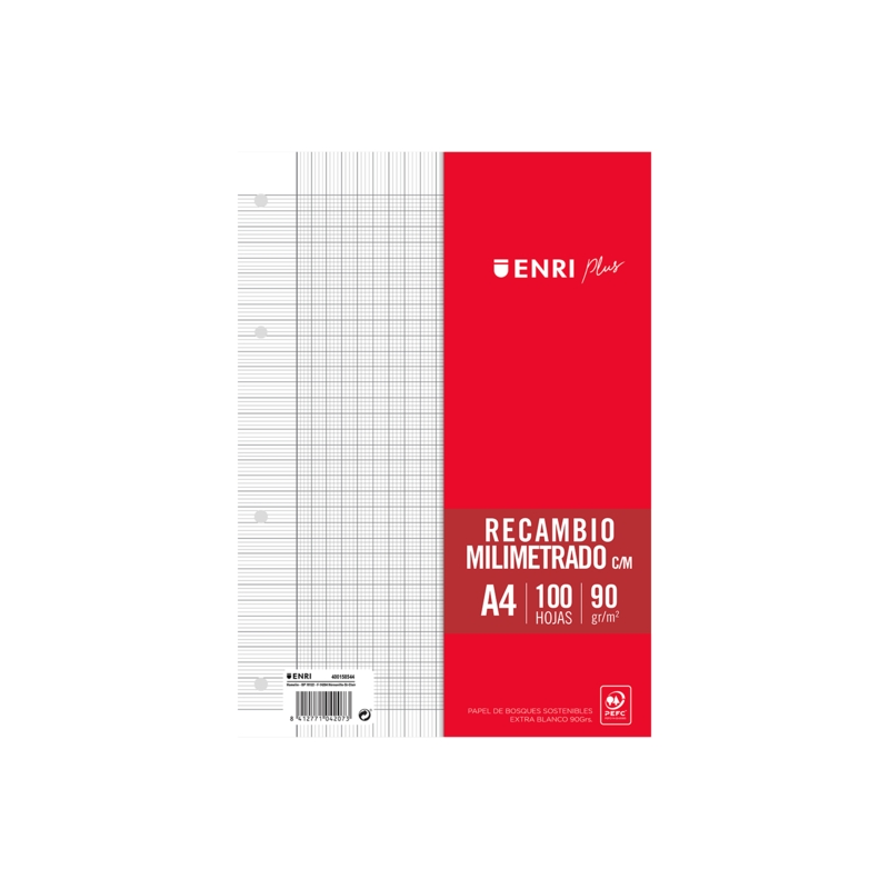 LOT de 25 Recharge Enri Plus 90gr A4 Millimétrique - Papier 90gr - Format A4 - avec Marge - 4 Trous - 100 Feuilles