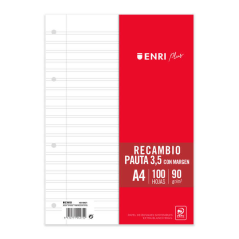 Enri Plus Recharge Format A4 - Ligné 3.5mm 4 Trous - 100 Feuilles 90gr avec Marge