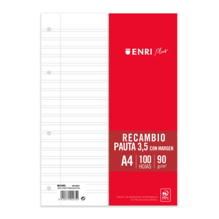 Enri Plus Recharge Format A4 - Ligné 3.5mm 4 Trous - 100 Feuilles 90gr avec Marge
