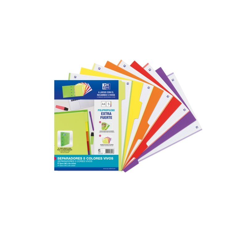 LOT de 25 Intercalaires Oxford Strongline A4 5 positions - 4 trous - Plastique opaque - 500 microns - Couleurs assorties