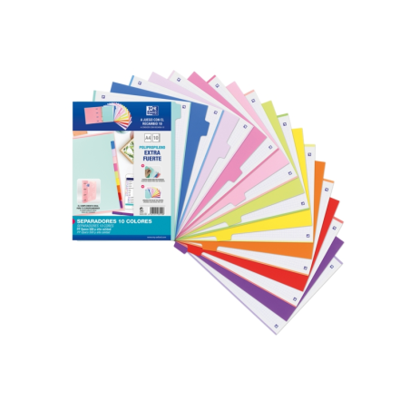 LOT de 25 Intercalaires Oxford Strongline A4 - 10 positions - Différentes couleurs - 4 trous - Plastique opaque - 500 microns