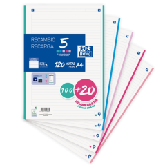 LOT de 20 Oxford School Pack de 5 Recharges A4 - 1 Ligne Promotionnelle - 100+20 Feuilles - Couleurs Assorties