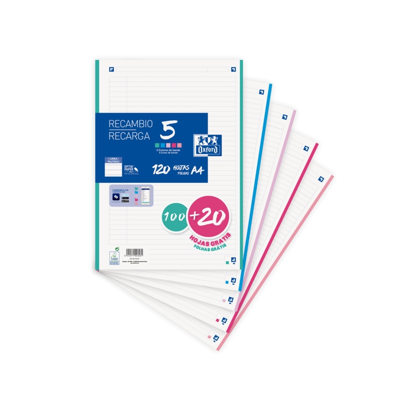 LOT de 20 Oxford School Pack de 5 Recharges A4 - 1 Ligne Promotionnelle - 100+20 Feuilles - Couleurs Assorties