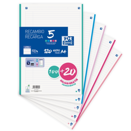 LOT de 20 Oxford School Pack de 5 Recharges A4 - 1 Ligne Promotionnelle - 100+20 Feuilles - Couleurs Assorties