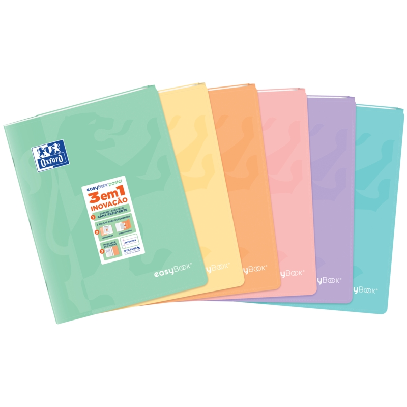 LOT de 10 Oxford Easybook Carnet agrafé A4 - Couverture plastique robuste - 1 ligne avec 2 marges - 48 feuilles de papier pastel