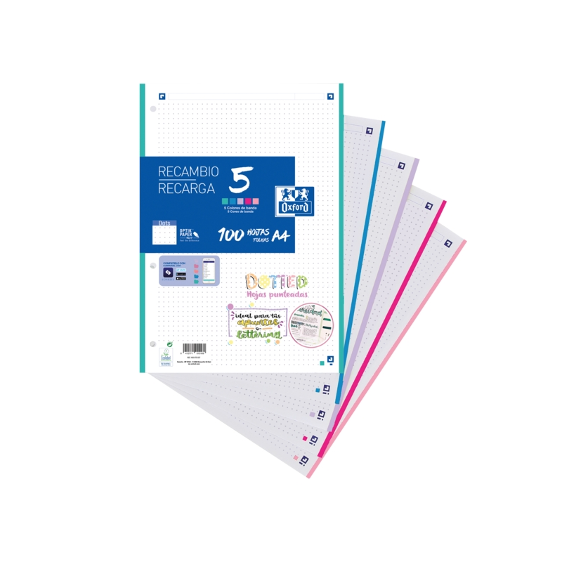 LOT de 17 Oxford School Pack de 5 Recharges A4 - Dots 100 Feuilles - Couleurs Assorties