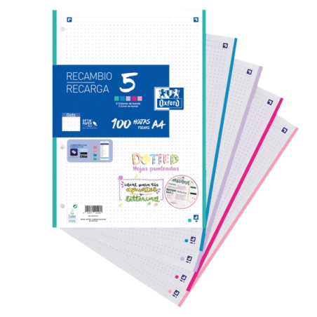 LOT de 17 Oxford School Pack de 5 Recharges A4 - Dots 100 Feuilles - Couleurs Assorties