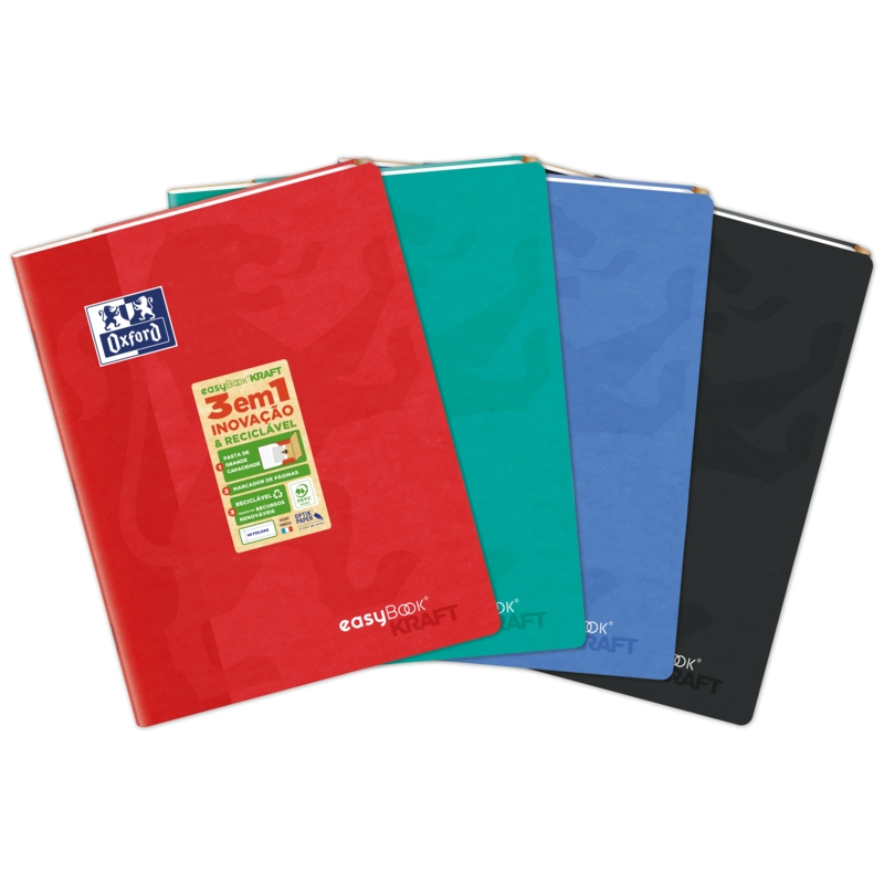 LOT de 10 Oxford Easybook Kraft A4 - Couverture souple - Carnet agrafé - 1 ligne avec 2 marges - 48 feuilles - Couleurs assortie