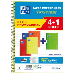 Oxford School Classic Write&Erase Pack 4+1 Fº - Carnet à Spirale - Couverture Extra Rigide - 1 Ligne avec Marge - 80 Feuilles -