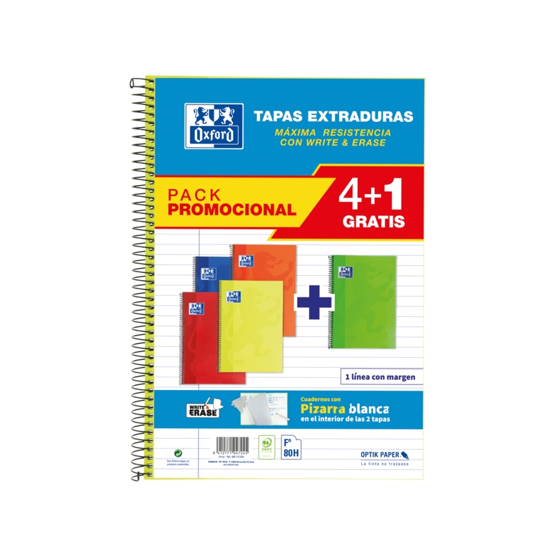 Oxford School Classic Write&Erase Pack 4+1 Fº - Carnet à Spirale - Couverture Extra Rigide - 1 Ligne avec Marge - 80 Feuilles -