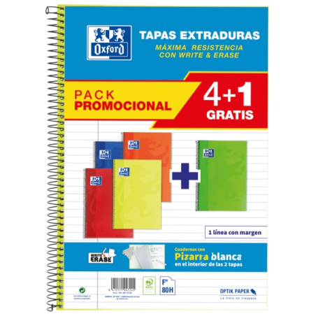 Oxford School Classic Write&Erase Pack 4+1 Fº - Carnet à Spirale - Couverture Extra Rigide - 1 Ligne avec Marge - 80 Feuilles -