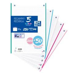 LOT de 10 Oxford School Pack de 5 Recharges A4 - 200+50 Feuilles - Couleurs Assorties