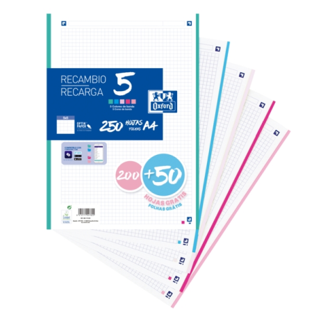 LOT de 10 Oxford School Pack de 5 Recharges A4 - 200+50 Feuilles - Couleurs Assorties