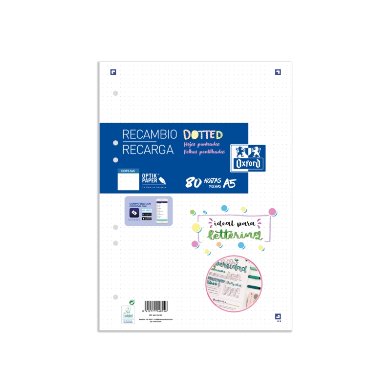 LOT de 20 Oxford School A5 Recharge Dots 80 Feuilles - Papier de haute qualité - Points pour organiser vos notes