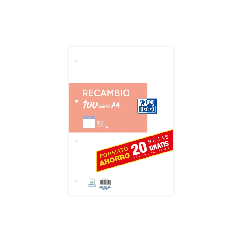 Oxford Recharge Format A4 Uni 4 Trous - 100 Feuilles Vrac