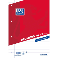 Recharge Oxford Classic de 100 feuilles volantes A4 1 ligne horizontale avec marge 4 trous