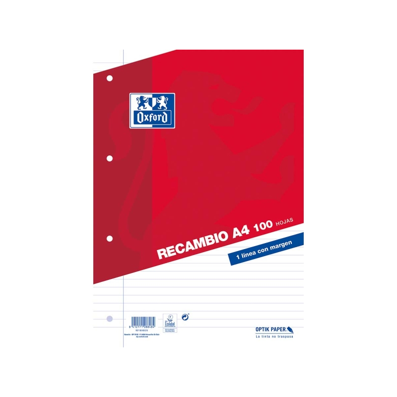 Recharge Oxford Classic de 100 feuilles volantes A4 1 ligne horizontale avec marge 4 trous