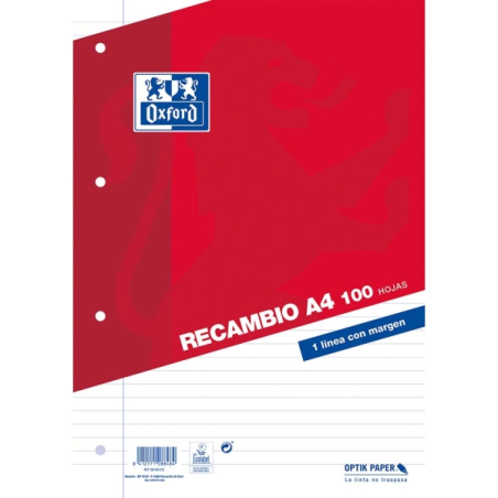 Recharge Oxford Classic de 100 feuilles volantes A4 1 ligne horizontale avec marge 4 trous
