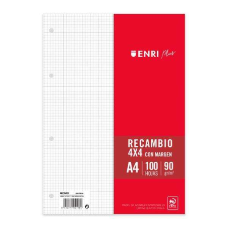 Enri Plus Recharge Format A4 - Grille 4x4mm 4 Trous - 100 Feuilles 90gr avec Marge