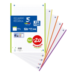 LOT de 20 Oxford School Pack de 5 Recharges A4 - Promotion 4x4 - 100+20 Feuilles - Couleurs Assorties
