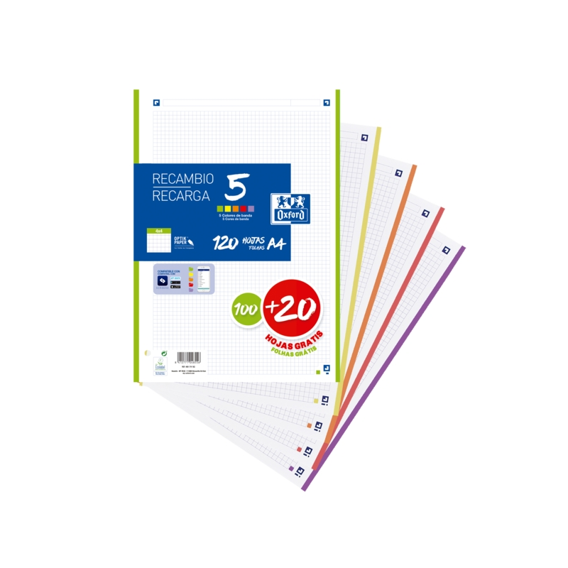 LOT de 20 Oxford School Pack de 5 Recharges A4 - Promotion 4x4 - 100+20 Feuilles - Couleurs Assorties