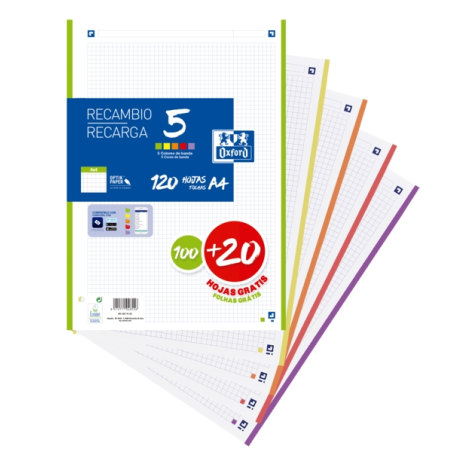 LOT de 20 Oxford School Pack de 5 Recharges A4 - Promotion 4x4 - 100+20 Feuilles - Couleurs Assorties