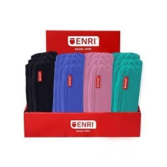 Présentoir Enri de 20 trousses à crayons à 3 compartiments - En polyester - Couleurs : noir, rose, bleu et vert