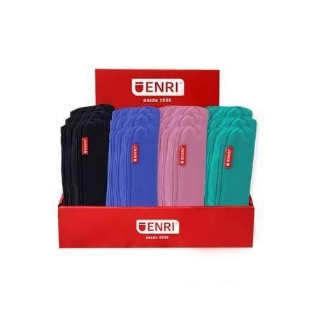 Présentoir Enri de 20 trousses à crayons à 3 compartiments - En polyester - Couleurs : noir, rose, bleu et vert