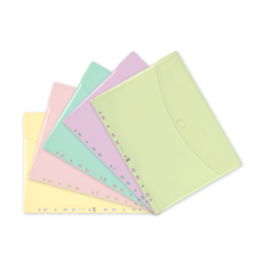 LOT de 5 Pochette Oxford à plusieurs perforations - Format A4 - Fermeture Velcro - Polypropylène - Couleurs pastel assorties