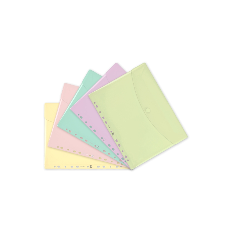 LOT de 5 Pochette Oxford à plusieurs perforations - Format A4 - Fermeture Velcro - Polypropylène - Couleurs pastel assorties