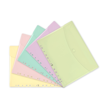 LOT de 5 Pochette Oxford à plusieurs perforations - Format A4 - Fermeture Velcro - Polypropylène - Couleurs pastel assorties