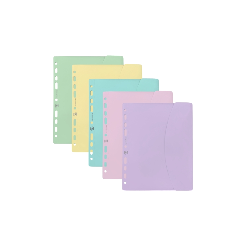 LOT de 25 Pochette Oxford à plusieurs perforations - Format A5 - Fermeture Velcro - Polypropylène - Couleurs pastel assorties