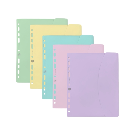 LOT de 25 Pochette Oxford à plusieurs perforations - Format A5 - Fermeture Velcro - Polypropylène - Couleurs pastel assorties
