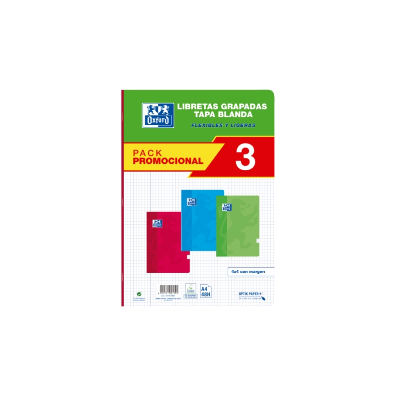 Oxford School Classic Pack 3 - Carnet A4 agrafé - Couverture souple - 4x4 avec marge - 48 feuilles - 3 couleurs