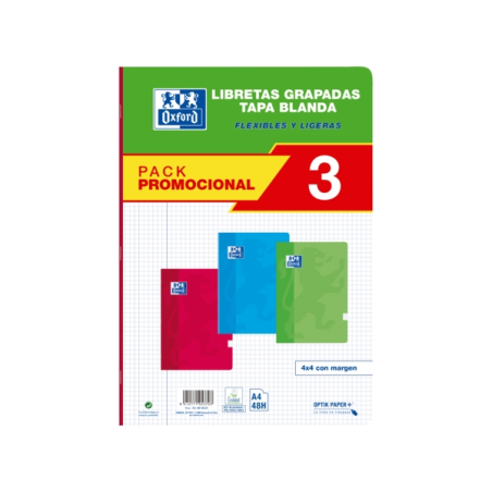 Oxford School Classic Pack 3 - Carnet A4 agrafé - Couverture souple - 4x4 avec marge - 48 feuilles - 3 couleurs