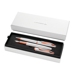 Coffret stylo bille et stylo plume Pelikan Jazz Noble - Corps satiné avec détails chromés - Coffret cadeau inclus - Couleur nacr