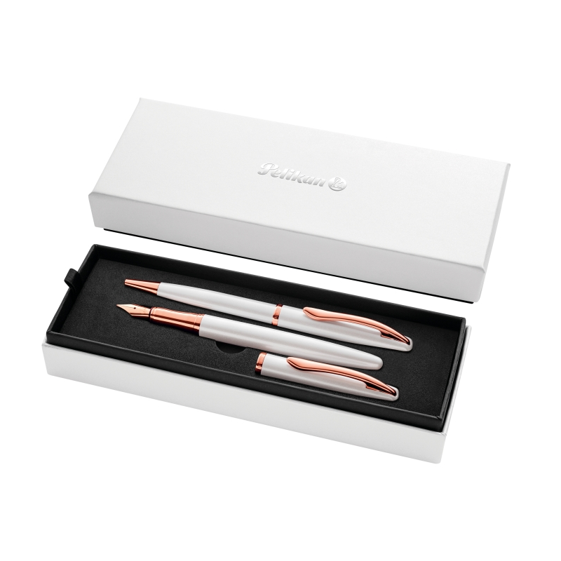Coffret stylo bille et stylo plume Pelikan Jazz Noble - Corps satiné avec détails chromés - Coffret cadeau inclus - Couleur nacr