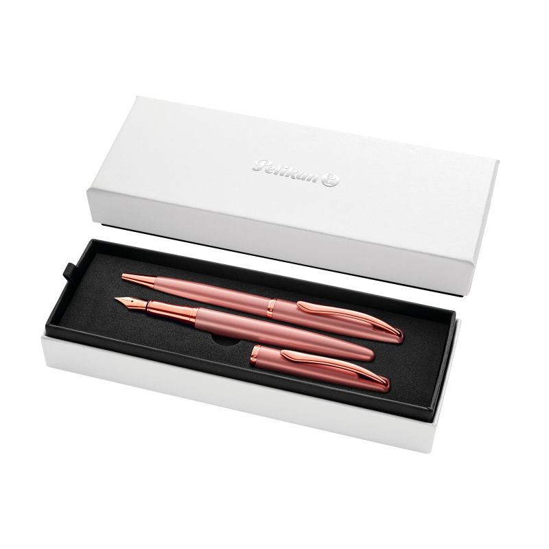 Coffret stylo bille et stylo plume Pelikan Jazz Noble - Corps satiné et détails chromés - Coffret cadeau inclus - Rose